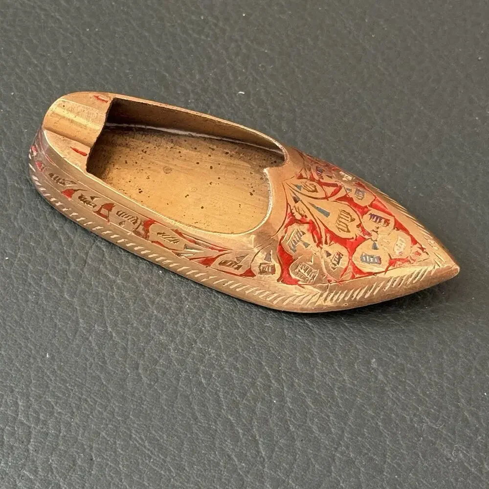Vintage Brass Shoe Ashtray Hand Etched Red Slipper India Genie Aladdin